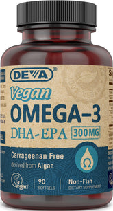 DEVA vegan omega-3 DHA EPA softgels bottle label front