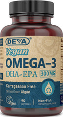 DEVA vegan omega-3 DHA EPA softgels bottle label front
