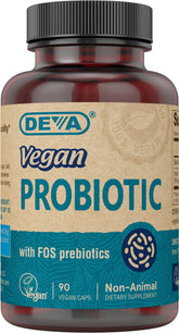 DEVA Vegan Probiotic bottle with 90 capsules on white background