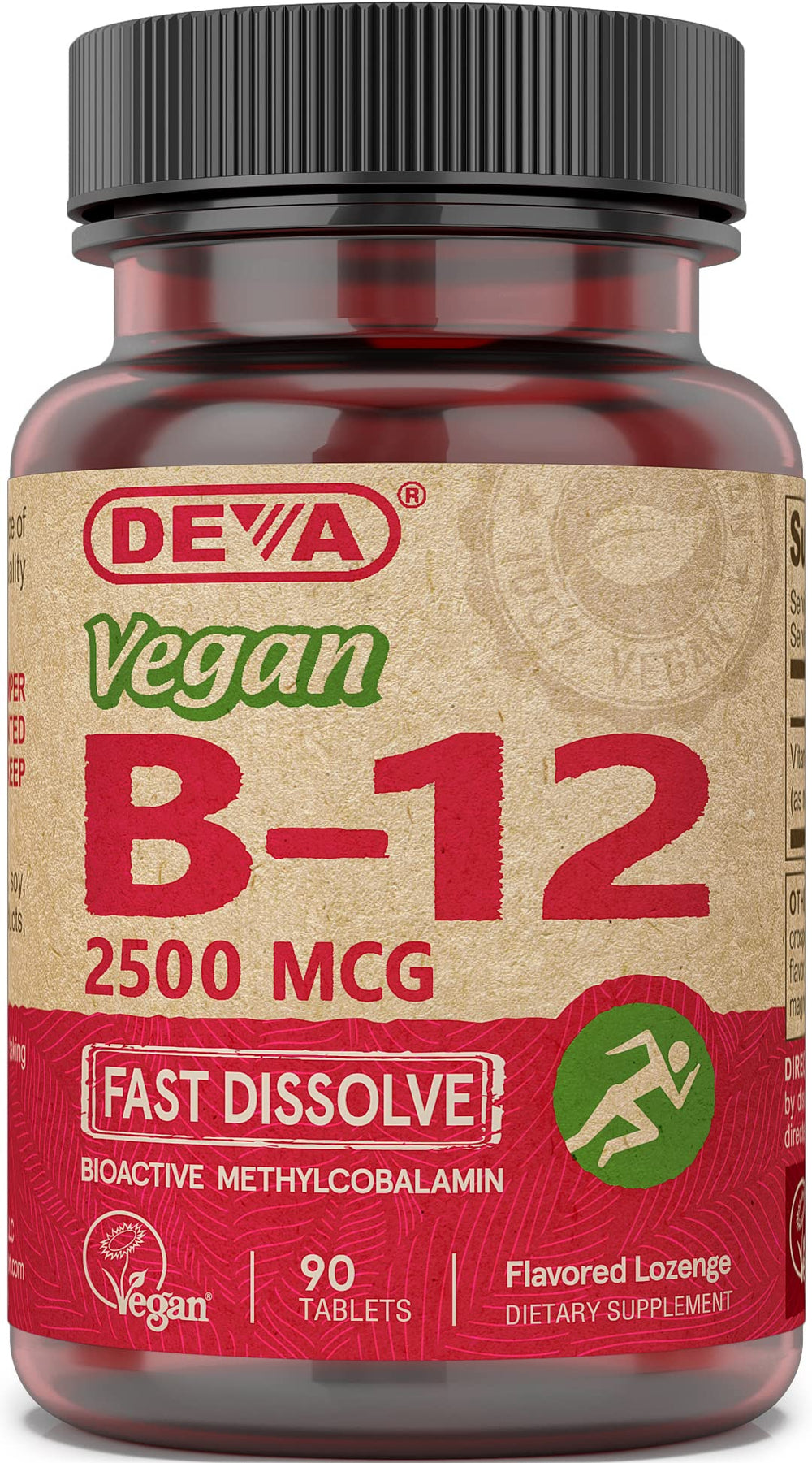 Front view of DEVA Vegan Sublingual B-12 2500 mcg 90-count bottle