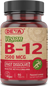 Front view of DEVA Vegan Sublingual B-12 2500 mcg 90-count bottle