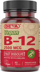 Front view of DEVA Vegan Sublingual B-12 2500 mcg 90-count bottle