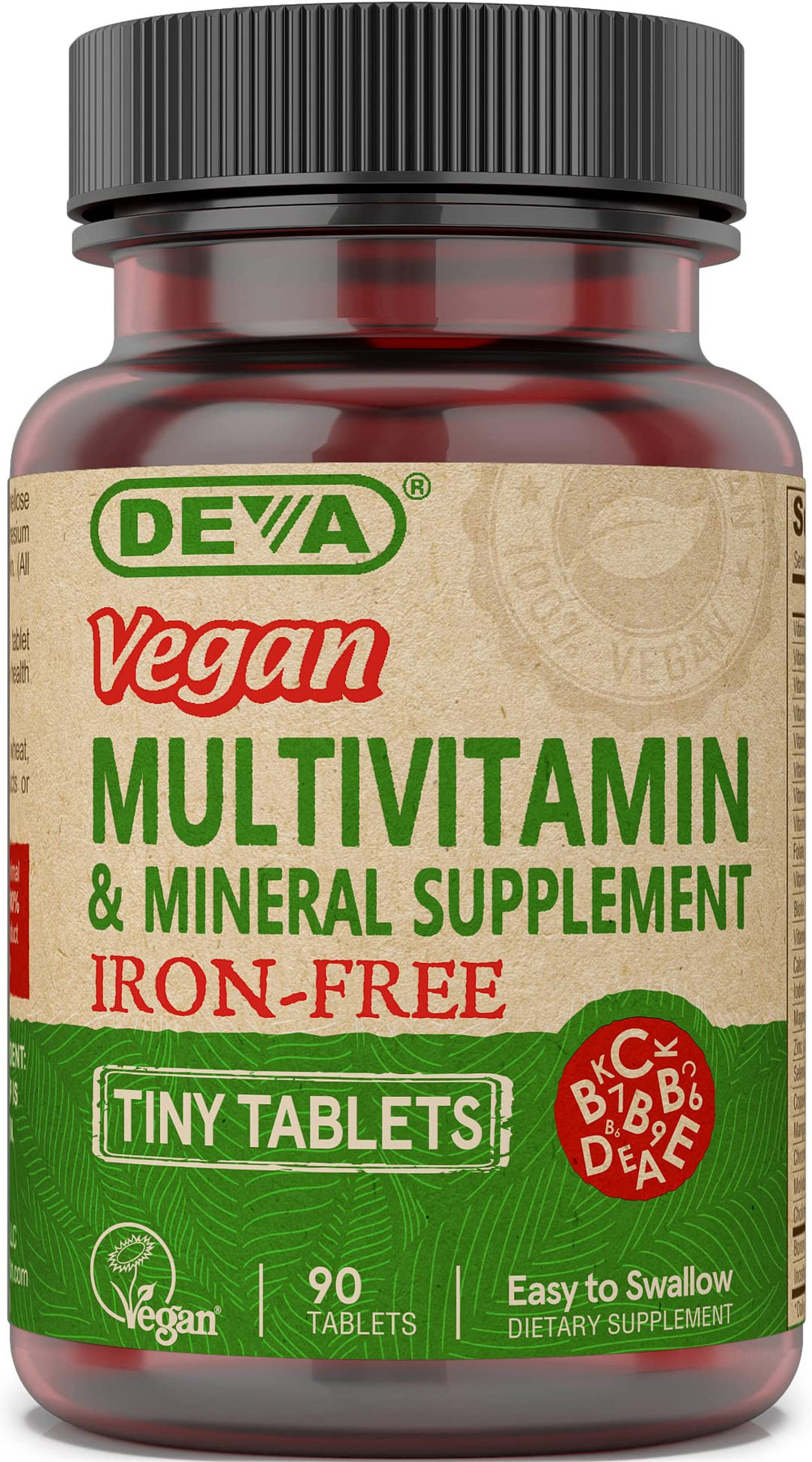 Front label of DEVA Vegan Iron-Free Multivitamin bottle with 90-count