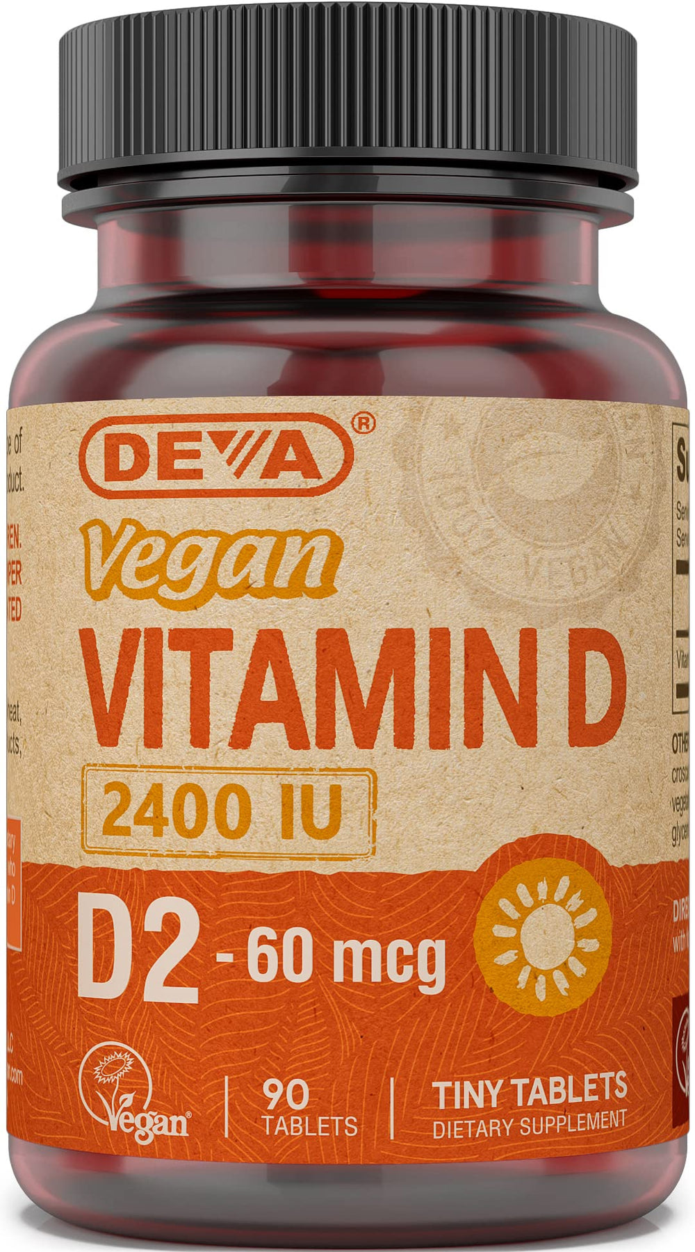 Front view of DEVA Vegan Vitamin D2 2400 IU 90 tablets bottle