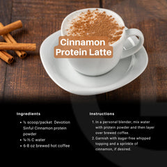 Devotion Nutrition Sinful Cinnamon on-the-go packets highlight convenient protein for busy days.