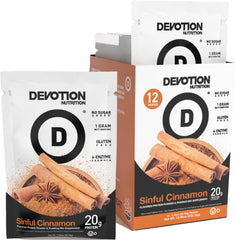 Devotion Nutrition Sinful Cinnamon packaging on shelf highlights gluten-free, keto-friendly protein powder for active lifestyles.