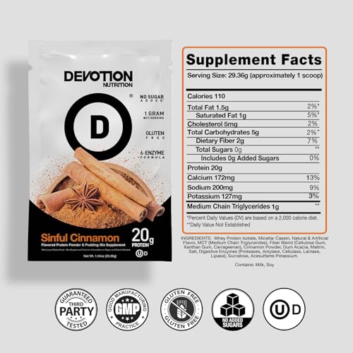 Devotion Nutrition Sinful Cinnamon scoop with powder showcases quick absorption and on-the-go protein.