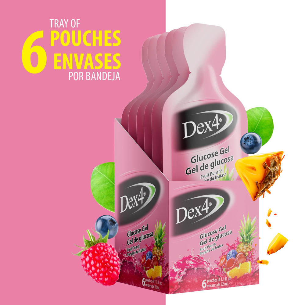 Dex4 glucose gel packets closeup highlights fruit punch flavor.