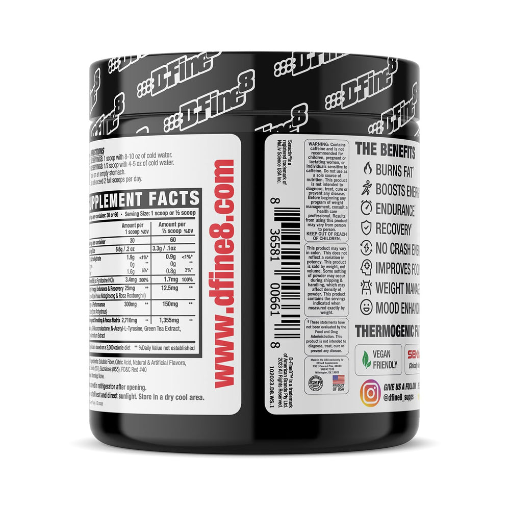 D-Fine8 shake with prepared drink shows sugar-free fueling for workouts.