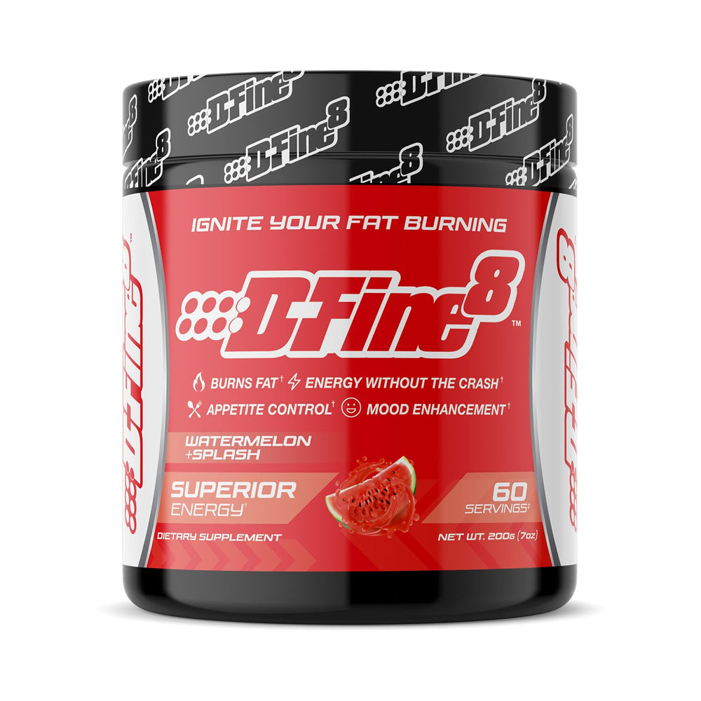 D-Fine8 thermogenic pre-workout tub front shows energy-boosting formula.