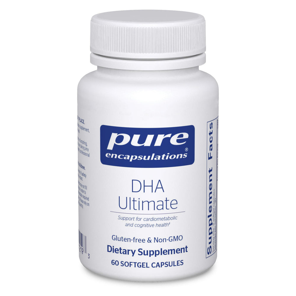 Bottle of Pure Encapsulations DHA Ultimate with eco-friendly CO2 label
