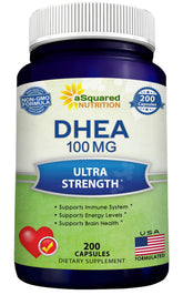 DHEA 100mg supplement bottle front view with 200 capsules