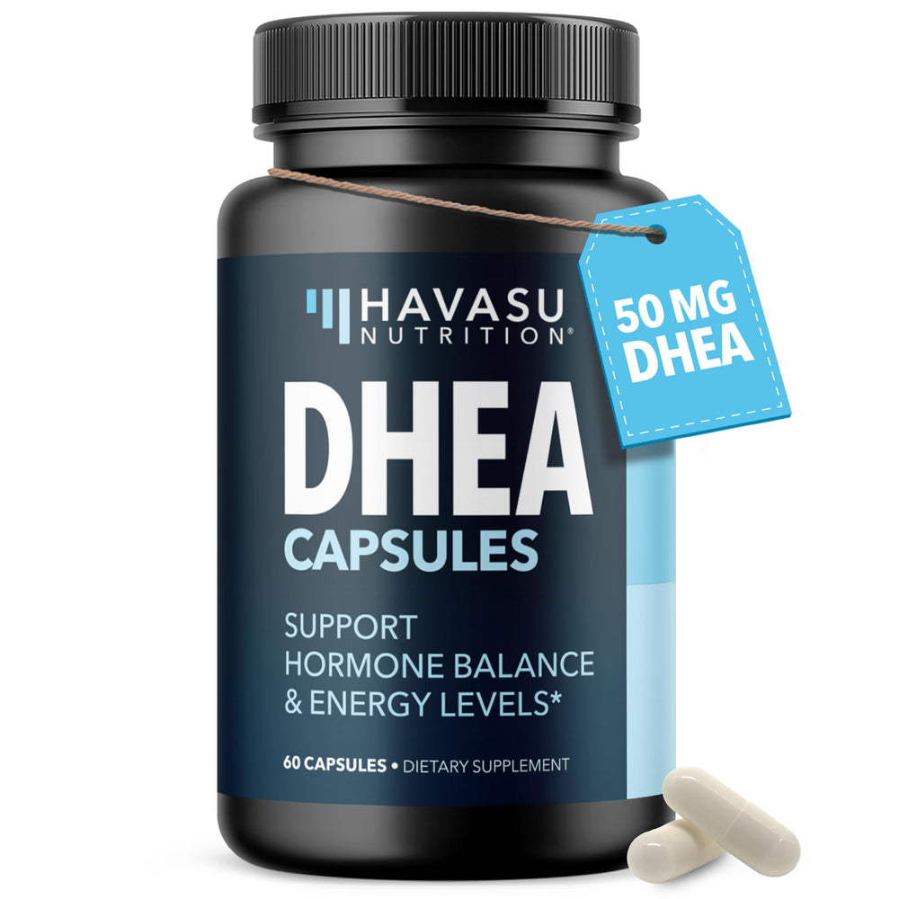 DHEA 50mg supplement bottle with 60 capsules