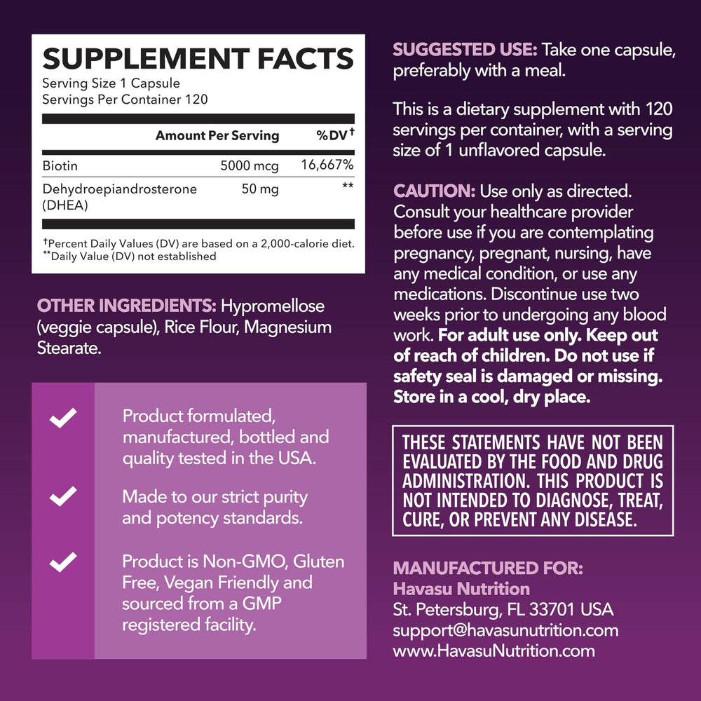 Close-up of capsules showing 50 mg DHEA and 5000 mcg Biotin