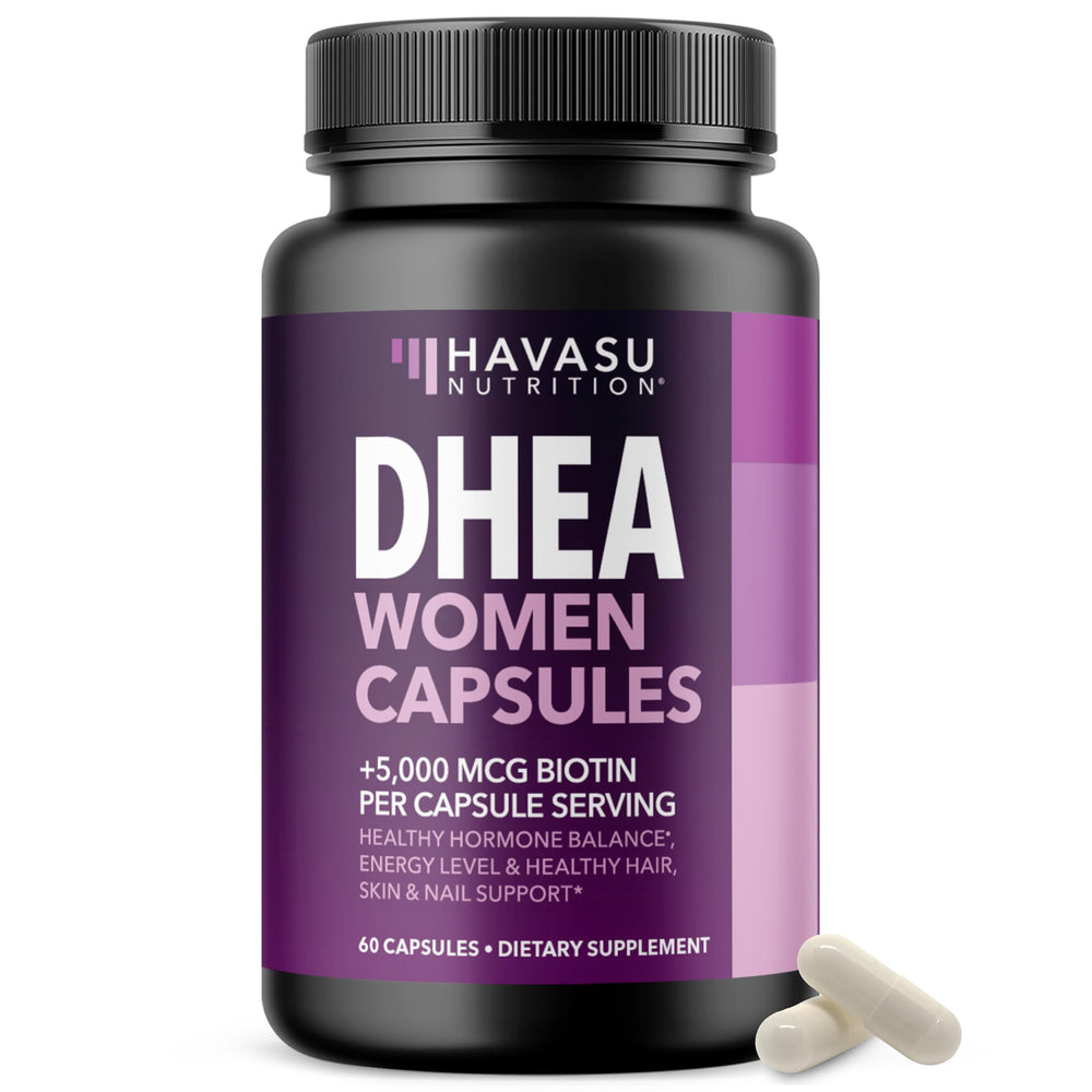 Front view of DHEA Biotin women's supplement bottle, 60 count