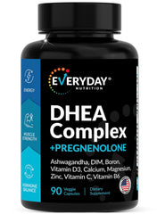 Bottle of DHEA micronized 200mg and pregnenolone 100mg capsules, USA made