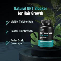 Close-up of DHT Blocker for Men bottle and capsules