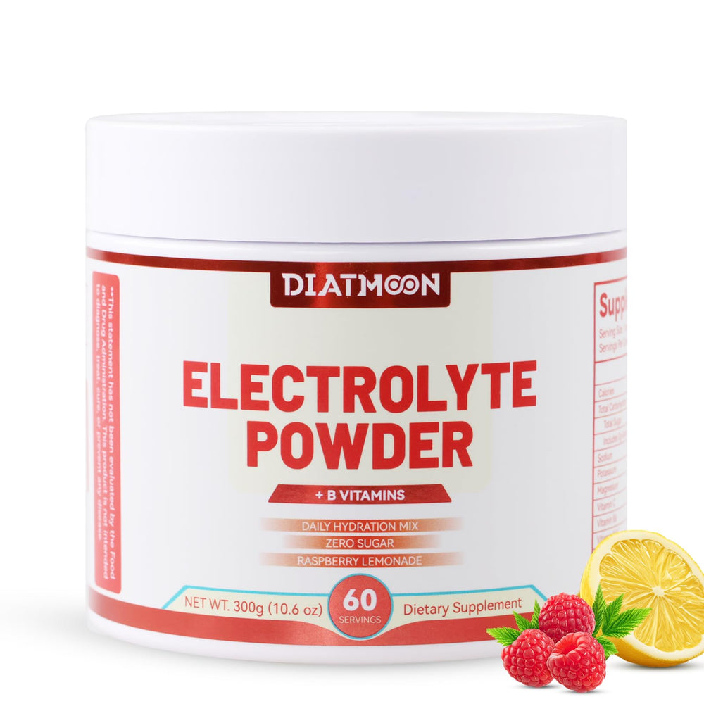 DIATMOON electrolytes powder Raspberry Lemonade in glass for sugar-free hydration