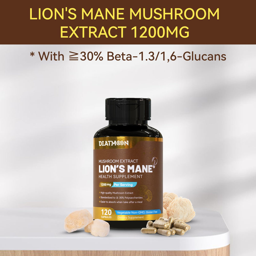Non-GMO, vegan, gluten-free label for Lions Mane supplement