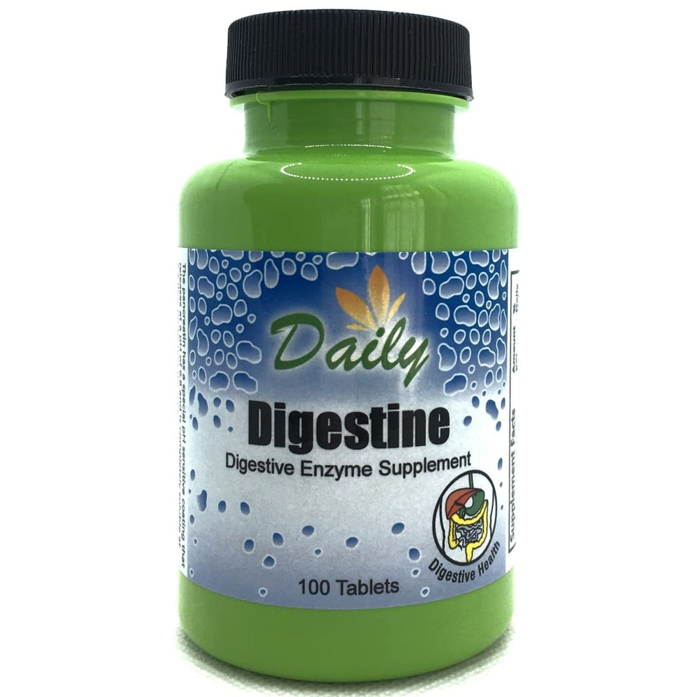 Digestine digestive enzymes tablet bottle displaying Mycozyme, Pancreatin, Papain, Acid Stable Protease, Betaine HCl and Iron Bile Salts