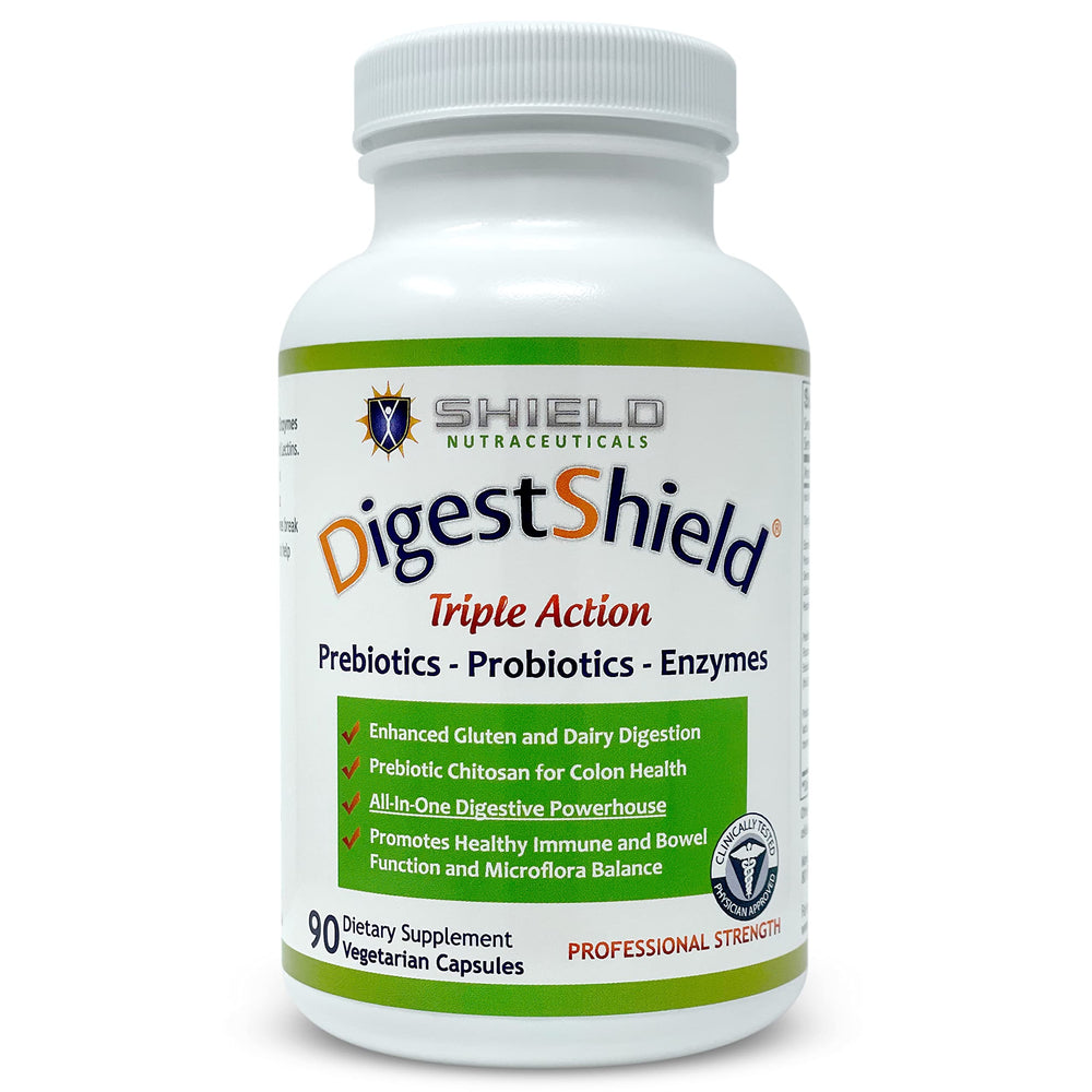 DigestShield probiotic and prebiotic with enzymes bottle displaying 90 capsules
