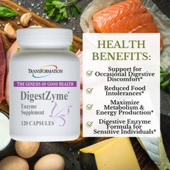 Close-up of DigestZyme enzyme and probiotic capsules