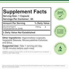 Back label showing supplement facts for Dihydroberberine 100mg 60 capsules