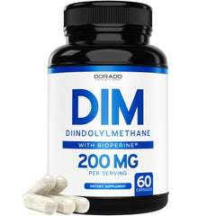 DIM supplement bottle showing 200mg per serving and 60 capsules - USA made
