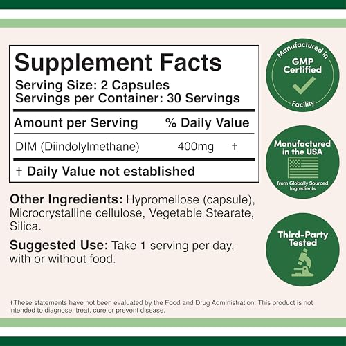 DIM supplement bottle showing 400 mg serving and 60 capsules