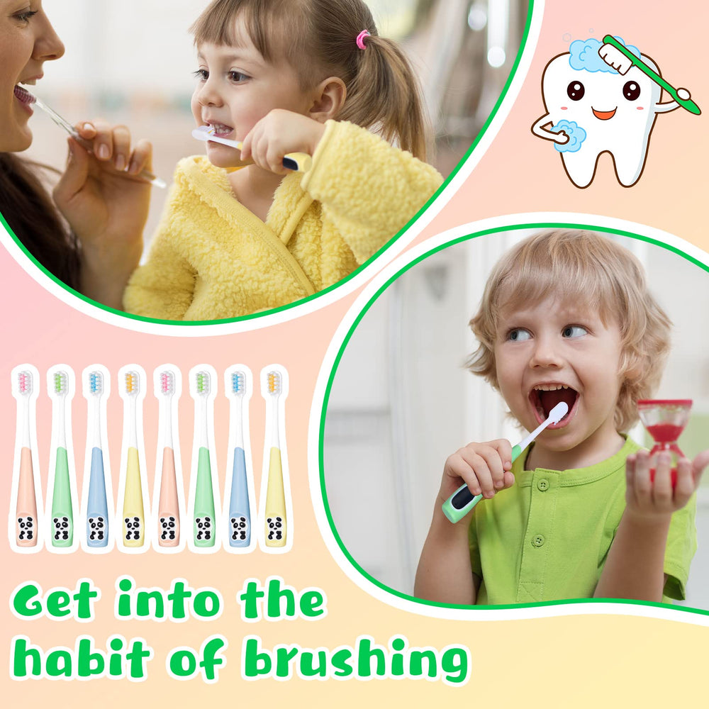 Child brushing teeth with panda themed toothbrush to encourage brushing