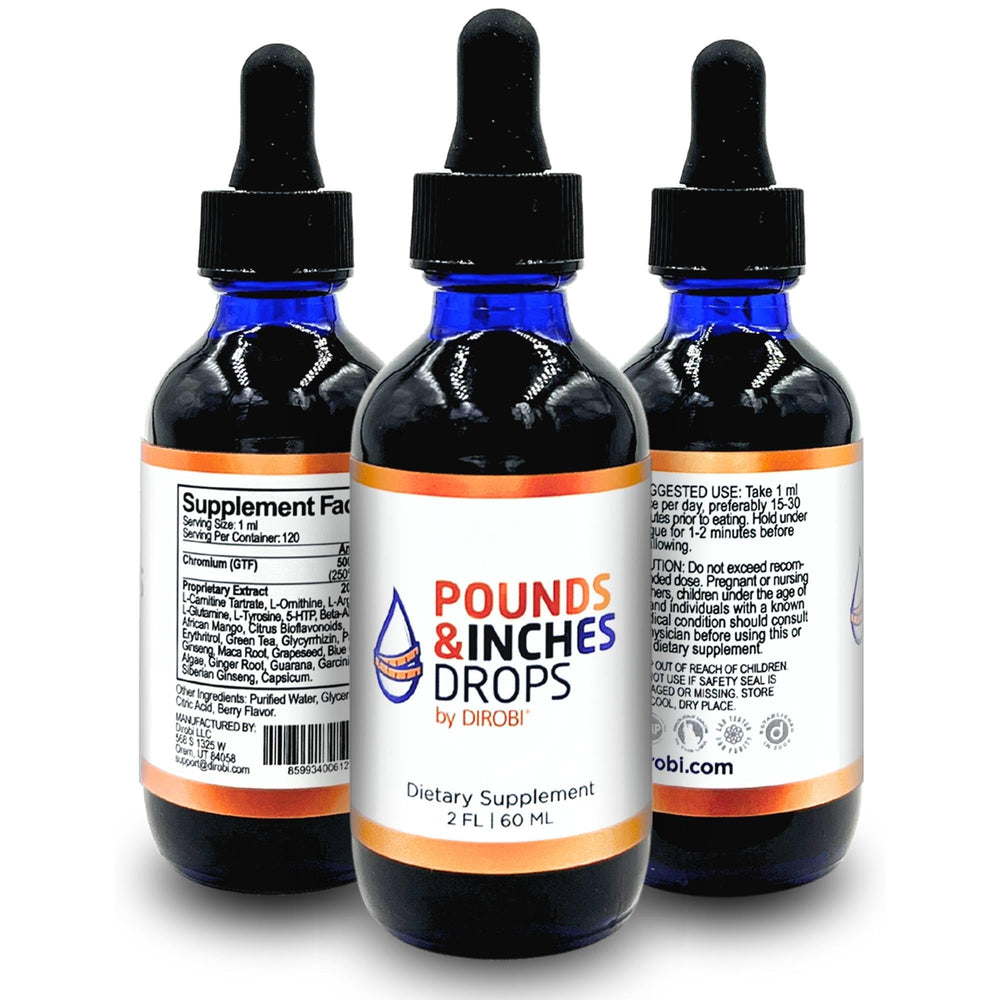 Dirobi Pounds and Inches Drops bottle (2 oz) with blueberry flavor