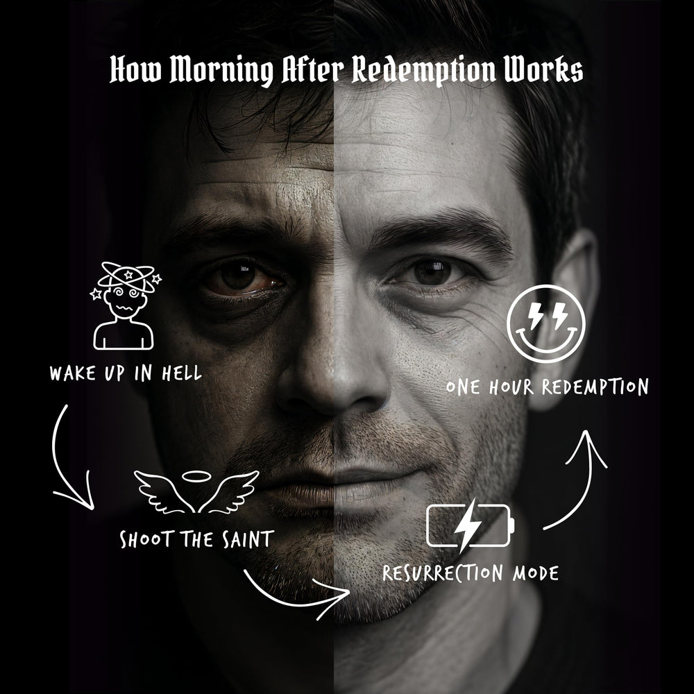 DIRTY SAINT Hangover Shot label closeup communicates clean ingredients and no sugar.