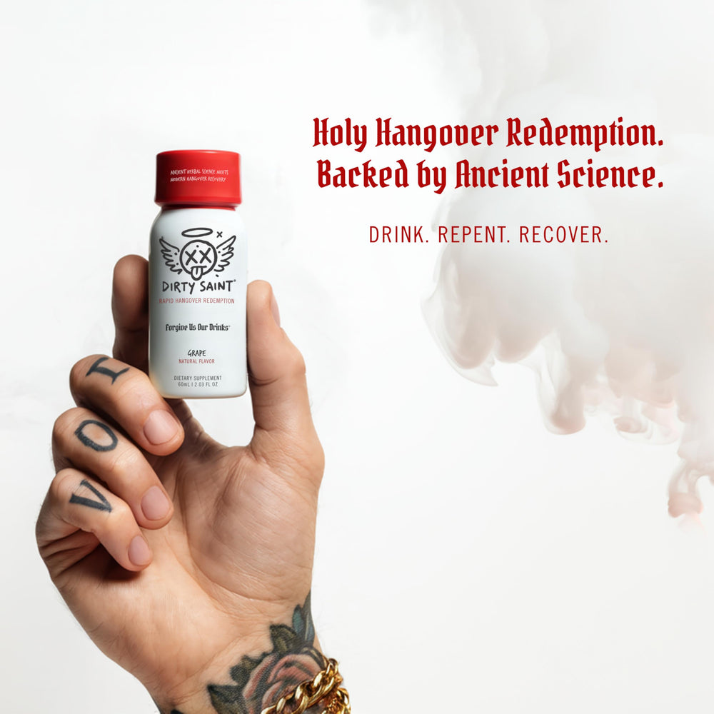 DIRTY SAINT Hangover Shot six-pack packaging emphasizes portable recovery on the go.