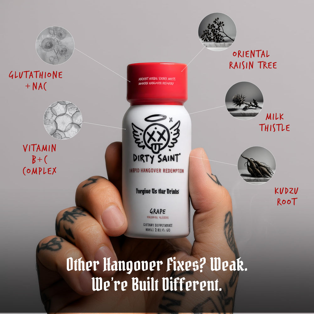 DIRTY SAINT Hangover Shot travel-size 2oz demonstrates portable recovery companion for busy mornings.