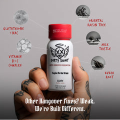 DIRTY SAINT Hangover Shot travel-size 2oz demonstrates portable recovery companion for busy mornings.