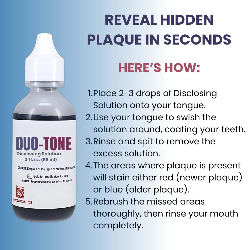 Packaging and 2 oz bottle of Generic Duo-Tone Disclosing Solution
