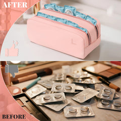 Compact travel-friendly pink contact lens case placed in a bag