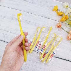 Individually wrapped travel toothbrush kits in clear bags