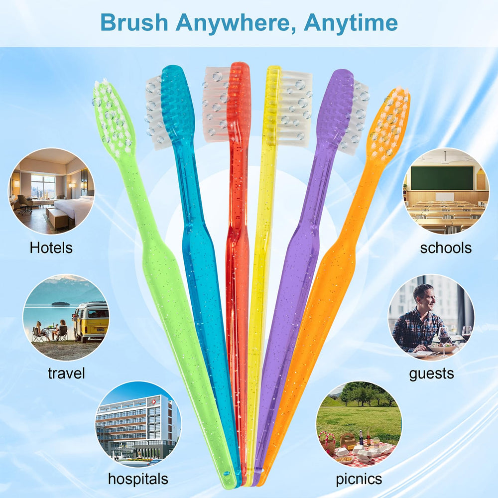 Disposable travel toothbrush with blue handle and decorative dots