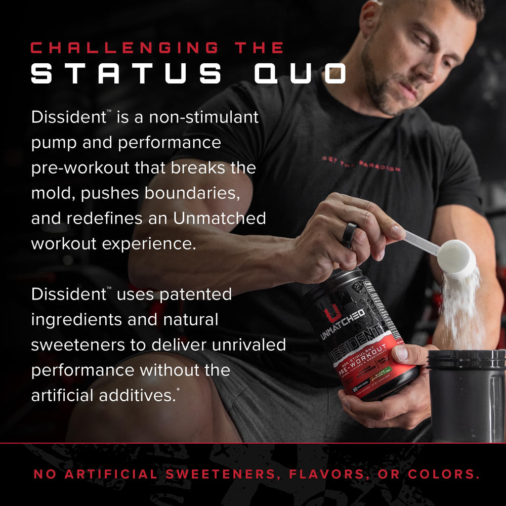 Serving scoop with Dissident Non-Stim Pre-Workout powder label