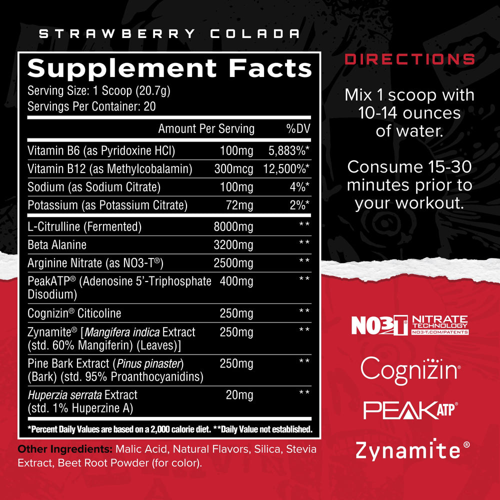 Close-up of Dissident Non-Stim Pre-Workout powder in Strawberry Colada flavor