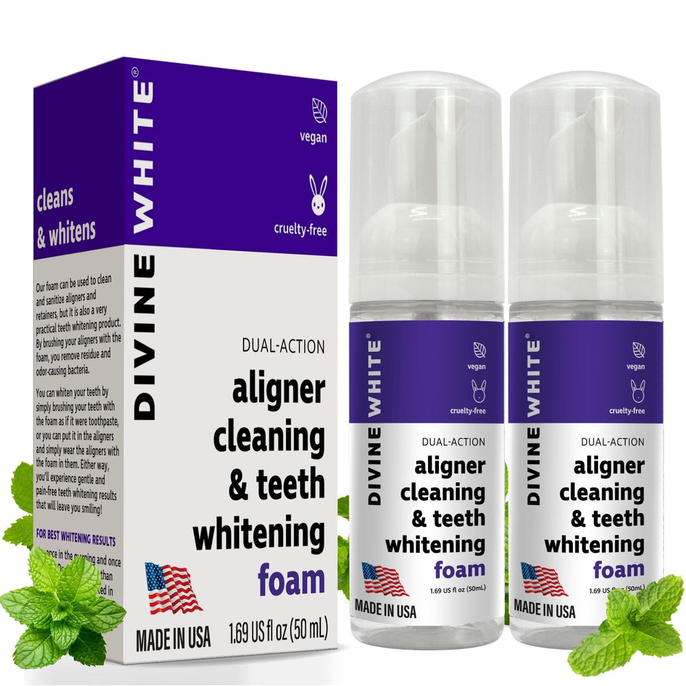 Divine White Aligners Cleaner Foam bottle and packaging