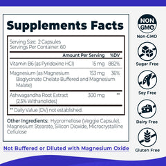 Active ingredients highlighted: Ashwagandha root extract and Vitamin B6