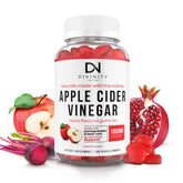 Divinity Nutra Apple Cider Vinegar Gummies bottle on table, highlighting daily detox potential.