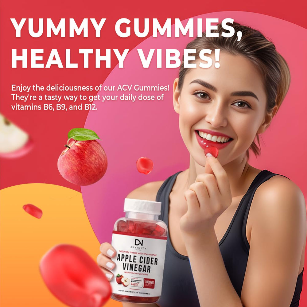 Divinity Nutra gummies packaging emphasizes vegan, non-GMO, gluten-free features.