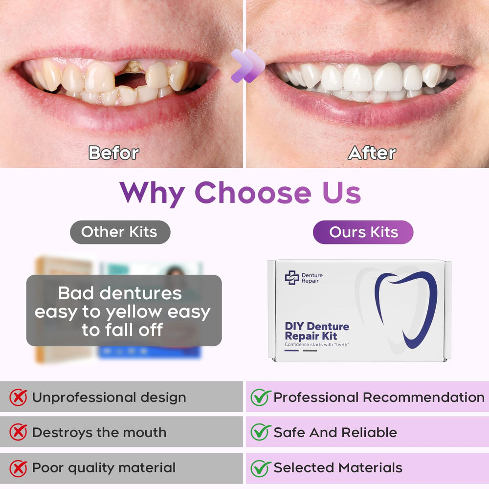 Denture kit parts laid out for top and bottom sets