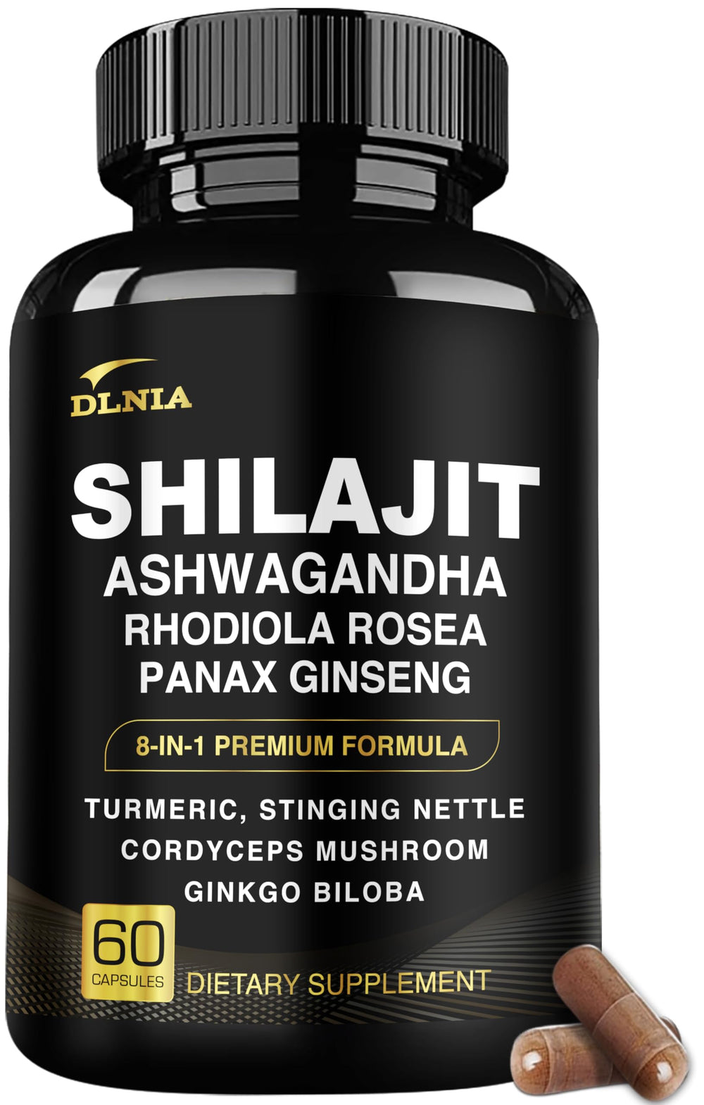 DLNIA 8-in-1 Shilajit bottle and capsules