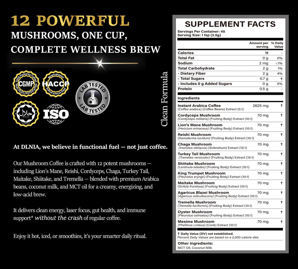 DLNIA Organic Mushroom Coffee packaging open with ingredients