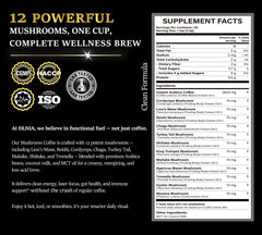 DLNIA Organic Mushroom Coffee packaging open with ingredients