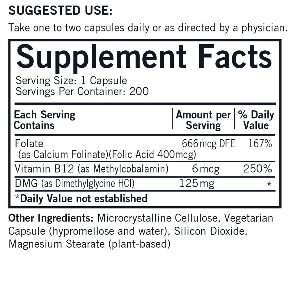 Product label showing DMG 125 mg with Folate and Methyl B12